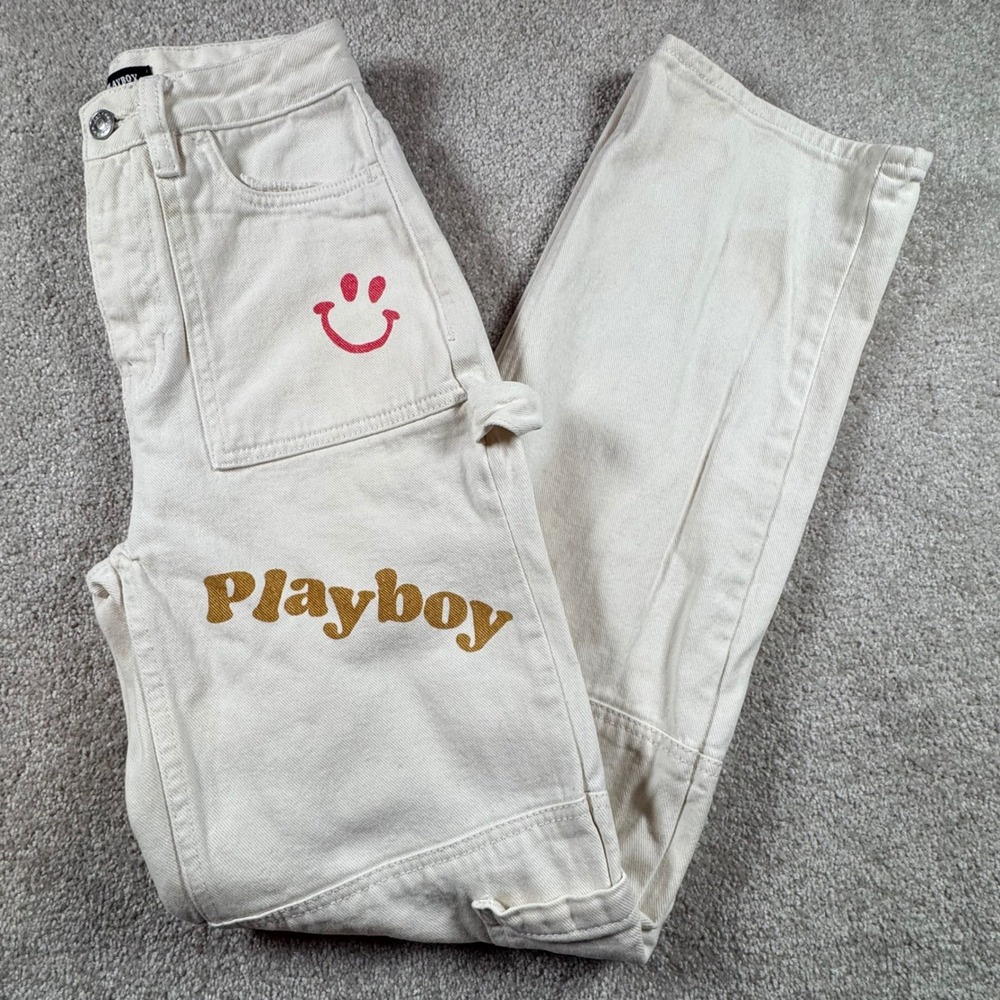 Pacsun‎ Playboy White Graphic Carpenter Pants High Rise Straight Leg Size 22